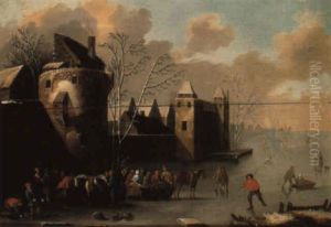 Peasants Skating On A Frozen River By A Fortified Town