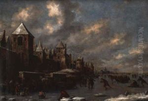 Paysage De Neige Avec Scene De Patinage by Thomas Heeremans