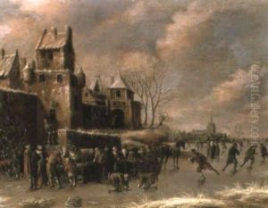 Skaters On A Frozen River By A Walled Town