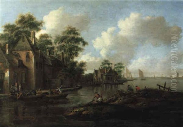 Dorf An Einem Flus Mit Fischerbooten Und Anglern - view 1