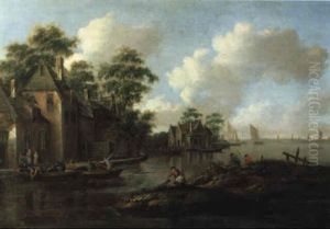 Dorf An Einem Flus Mit Fischerbooten Und Anglern by Thomas Heeremans