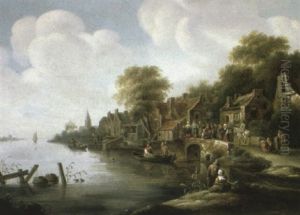 A Riverside Village With Peasants Gathered At A Bridge A Riverside Village With Peasants Gathered At A Bridge