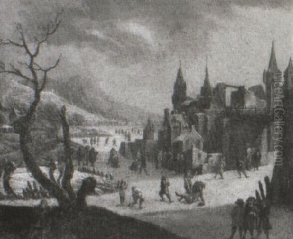 Winter Townscape With Numerous Figures Skating On A Frozen River - view 1