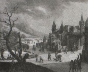 Winter Townscape With Numerous Figures Skating On A Frozen River