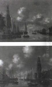 View Of The Montelbaanstoren, Amsterdam With Elegant Figures By A Yacht by Thomas Heeremans