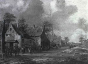 Village Street With Travellers And Peasants Outside The Half Moon Inn by Thomas Heeremans