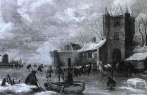 Winter Landscape With Figures Playing Golf Outside A Walled Town