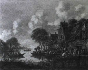 Inn By A River With Numerous Peasants In Rowing Boats by Thomas Heeremans