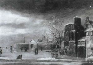 A Winter Landscape With Figures On A Frozen River By A Town Hall by Thomas Heeremans