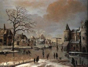 A Frozen Canal Scene Outside The Gates Of A Town With Numerous Skaters And Other Figures A Frozen Canal Scene Outside The Gates Of A Town With Numerous Skaters And Other Figures
