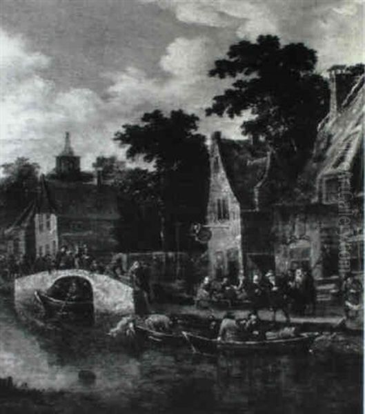Villagers Before A Canalside Inn - view 1
