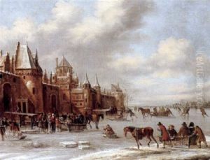 A Winter Landscape With Figures On A Frozen River Before The Walls Of A Town by Thomas Heeremans
