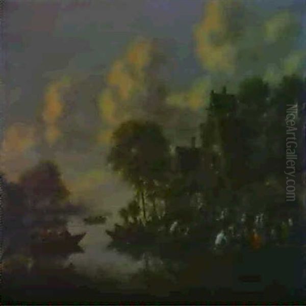 Paysage Fluvial Anime De Nombruex Personnages Dans Des Embarcations - view 1