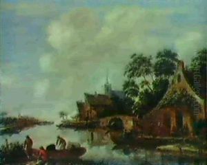 Belebte Flusslandschaft Mit Anlegenden Booten Belebte Flusslandschaft Mit Anlegenden Booten