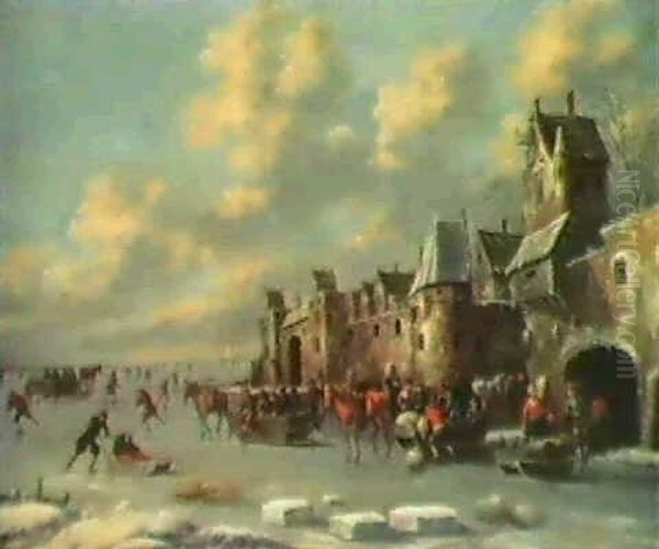 A Winter Landscape With Figures Ridibng In Horsedrawn Sledges Across A Frozen River... - view 1