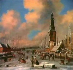 Blick Auf Das Zugefrorene Ijsselmeer Von Amsterdam Mit Dem Montalbaanturm Und Schlittschuhlaufern Blick Auf Das Zugefrorene Ijsselmeer Von Amsterdam Mit Dem Montalbaanturm Und Schlittschuhlaufern