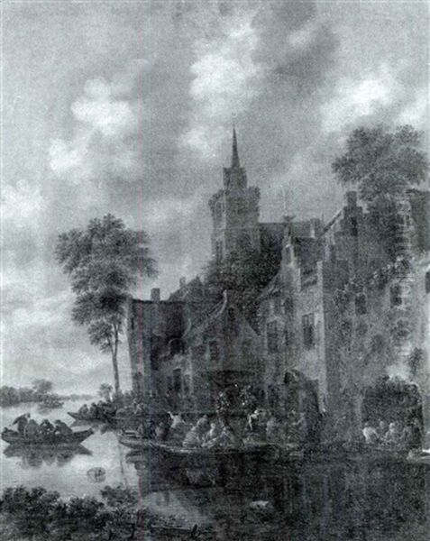 A Party Of Villagers Boarding Ferries On A River Bank - view 1
