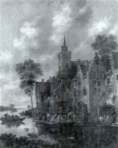 A Party Of Villagers Boarding Ferries On A River Bank