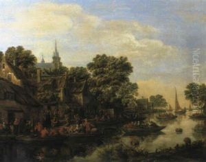 Ein Dorf Am Fluss Mit Vielen Booten Und Figuren by Thomas Heeremans