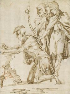 A Hermit Kneeling To Contemplate A Skull On A Rocky Outcrop, With Two Draped Figures Holding A Torch Behind Him