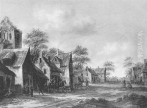 A Village Street Scene With People And Horses A Village Street Scene With People And Horses