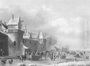 A Winter Landscape With Figures Skating Near The Walls Of A Town by Thomas Heeremans