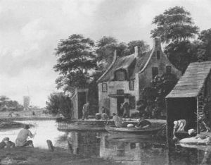 A River Landscape With Peasants By A Cottage On The Bank by Thomas Heeremans