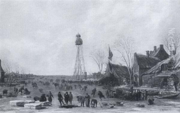 A Frozen River Landscape With Figures Skating And Conversing On The Ice - view 1