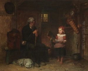 Bauernstube Mit Kleinem Madchen, Das Einem Leierspieler Die Suppe Bringt by Minna Heeren