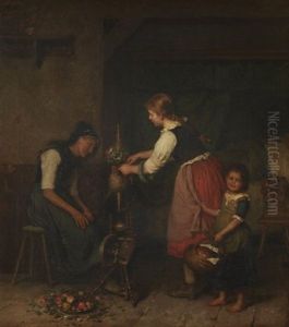 Bauernstube Mit Blinder Grossmutter Bei Der Spinnarbeit, Die Besuch Von Zwei Enkelinnen Bekommt by Minna Heeren