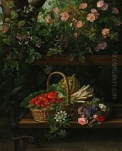 A Garland And A Basket With Strawberries, Asparagus And A Melon On A Bench