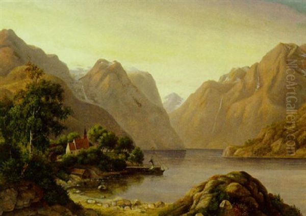 Fjordparti Med Lille Kirke Mellem Hoje Fjelde - view 1