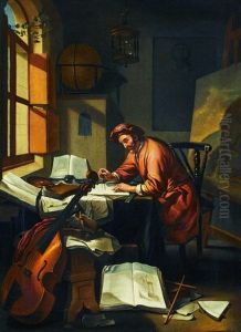 Gelehrter In Seiner Studierstube Umgeben Von Buchern, Globus, Cello Und Gemalde