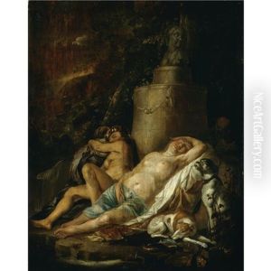 Diana And Her Nymphs Resting After The Hunt, Spied On By A Satyr by Hendrik Heerschop