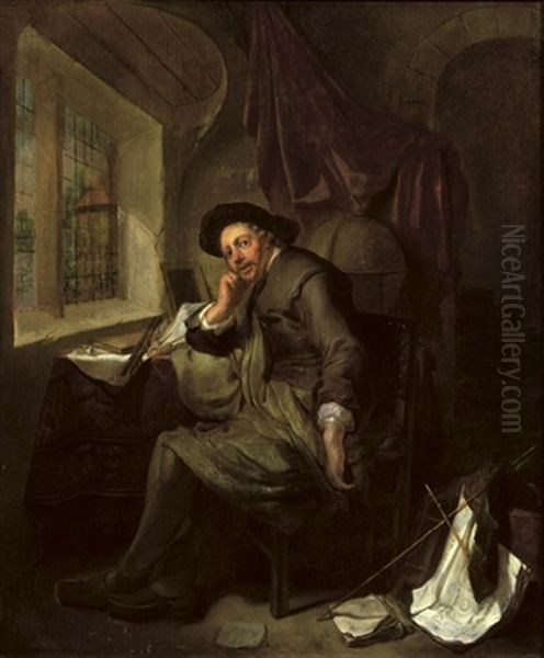 A Scholar Seated At His Writing Desk In An Interior, Books And Documents In The Foreground - view 1