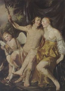 Venus, Adonis And Cupid, Together With Hounds by Hendrik Heerschop