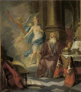 A Vanitas: A Scholar At Work By A Table By A Column, Visited By Truth While Time And Death Appear In The Background by Hendrik Heerschop