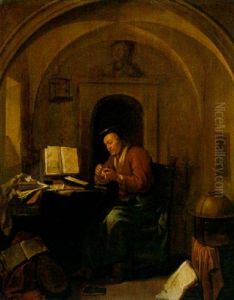 A Scholar In His Study, Sharpening His Quill by Hendrik Heerschop