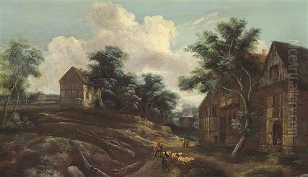 A Shepherd With His Flock And Other Figures On A Path By A Village - view 1