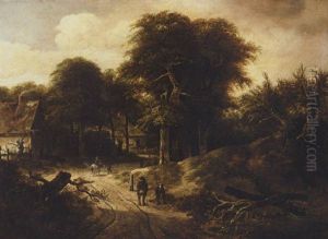 A Landscape With Figures On A Road Near A Woodland Village by Gerrit van Hees