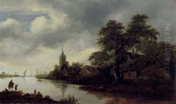 Fluslandschaft Mit Einem Reiter, Anglern Und Im Hintergrund Einem Dorf - view 1