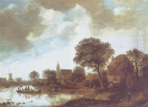A River Landscape With Peasants In A Ferry Boat, Other Figures On A River Bank, A Bridge And A Windmill Beyond