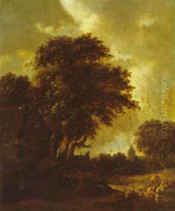 A Wooded Landscape With A Herdsman On Horseback Droving His Cattle Along A Path, A Cottage And Church Behind by Gerrit van Hees