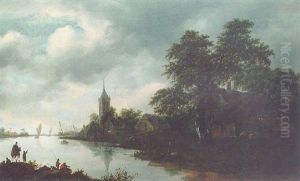 A River Landscape With Fishermen In A Boat, A Man On A Horse Conversing With A Man On The River Bank And A Village Beyond by Gerrit van Hees