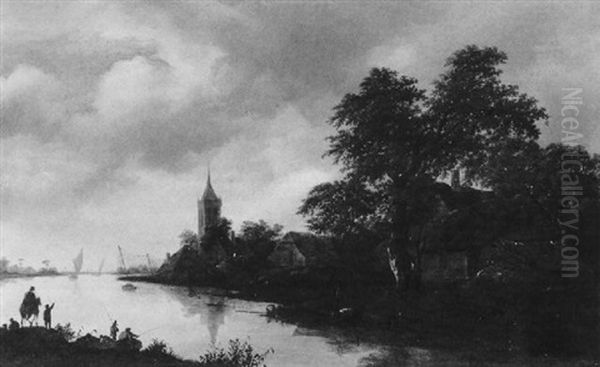 Flusslandschaft Mit Fischerboot Und Reiter - view 1