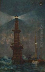 Leuchtturm Bei Nacht, Mit Wappen In Der Oberen Rechten Ecke by Gustav Adolf Van Hees