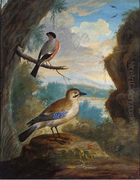 A Jay And A Bullfinch On A Branch In A Landscape - view 1