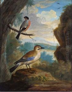 A Jay And A Bullfinch On A Branch In A Landscape