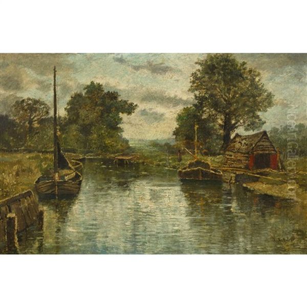 Flusslandschaft Mit Booten Am Ufer - view 1