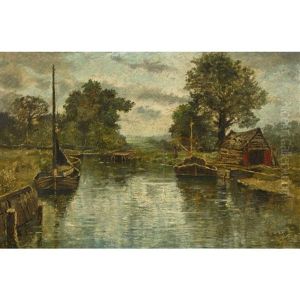 Flusslandschaft Mit Booten Am Ufer by Karl Heffner